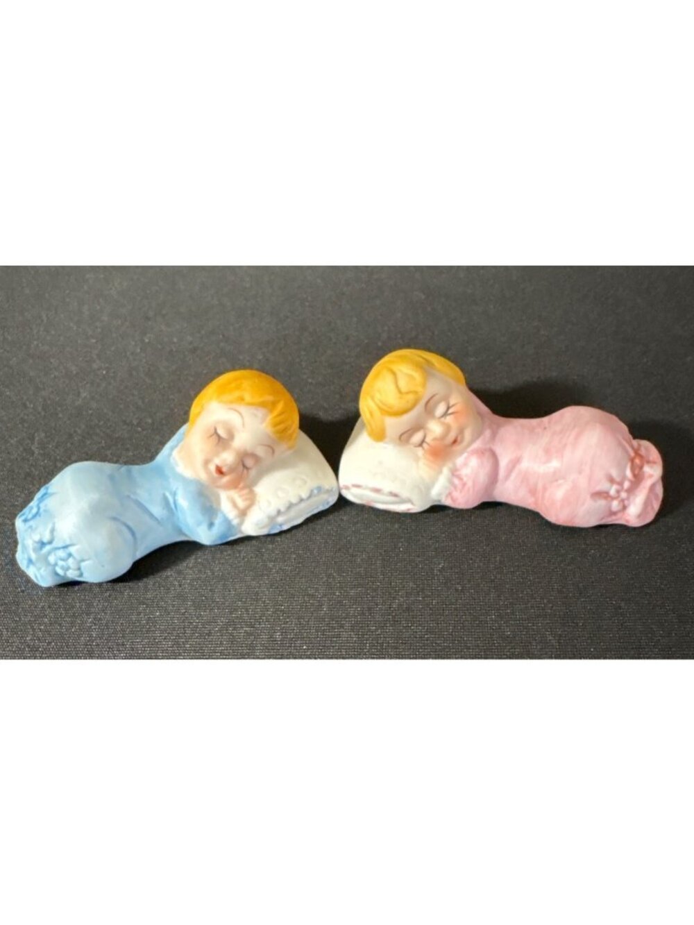 Vintage Sleeping Baby Boy & Girl Floral Basket Porcelain Figurines Party Cake - Picture 2 of 15